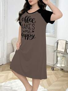 SHEIN Plus Size Casual English Letter Print Contrast Color Raglan Sleeve Nightgown - Mocha Brown - View 4