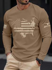 Manfinity Homme Men American Flag Print Casual Crew Neck Long Sleeve T-Shirt, Fall