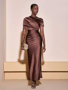 Zivah The New Autumn And Winter Wedding Season Valentine's Day Collection Is Suitable For Daily Dates, Commutes, Business, Ladylike, Elegant, Cruise Parties, Simplicity, Popular Online , Birthday Banquets, High-End Parties, Cocktail Dresses, Muslim-Style Sweet Round-Neck Wraparound Sleeves Long Dress, Brown Shiny Satin Women's Long Dress -A - Brown - View 6