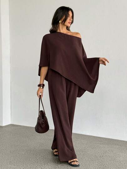 SHEIN Tall Nya höst- och vinterkläder för kvinnor, casual, pendling, brun, lös, enaxlad, oregelbunden topp + hög midja, vida byxor för kvinnor, tvådelat set, ,tillbaka till skolan, countrykonsertoutfit, hemkomst, halloween, jul, brunchoutfits för kvinnor, utflyktsoutfits, kyrkoutfits för kvinnor, resor, shopping-A