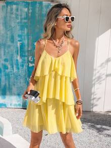 Vivid Eden Spring/Summer Outing Holiday Date Dress, Spring/Summer Casual Vacation V-Neck Spaghetti Strap Backless Multi-Layered Ruffled Hem Soft Textured Fabric Women's Cream Yellow Dress, Holiday Summer Beach Dress, Back-To-School Outfit, Very Simple Outfit, Women's Country Style, Office Wear, Old Money Style, Teacher's Outfit, Date Outfit, Graduation Season, Women's Dress, Spring/Summer Casual Dress, Summer Yellow Dress - Cream - View 7