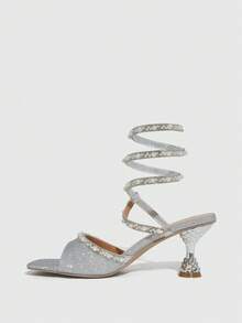 CUCCOO SZL Women's Faux Pearl Decor Shiny Lace-Up High Heel Sandals - Silver - View 8