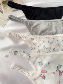 5pcs/Pack Solid Color & Ditsy Floral Thong Panties Set - Multicolor - View 3