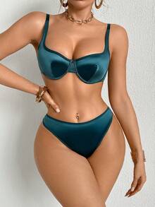 2pcs Women Solid Color Minimalist Casual Bra Set With Underwire - Teal Blue - View 3