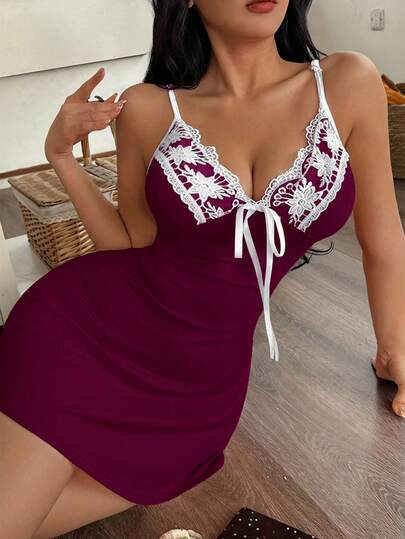 Casual Young Women's Sleeveless Burgundy Mini Slip Dress Knitted With Delicate Lace And Tie Front Accents Night Dresses Women Sexy Sleep Dress Lace Nightgown Lingerie Sleepwear Spaghetti Strap Lace Night Gown