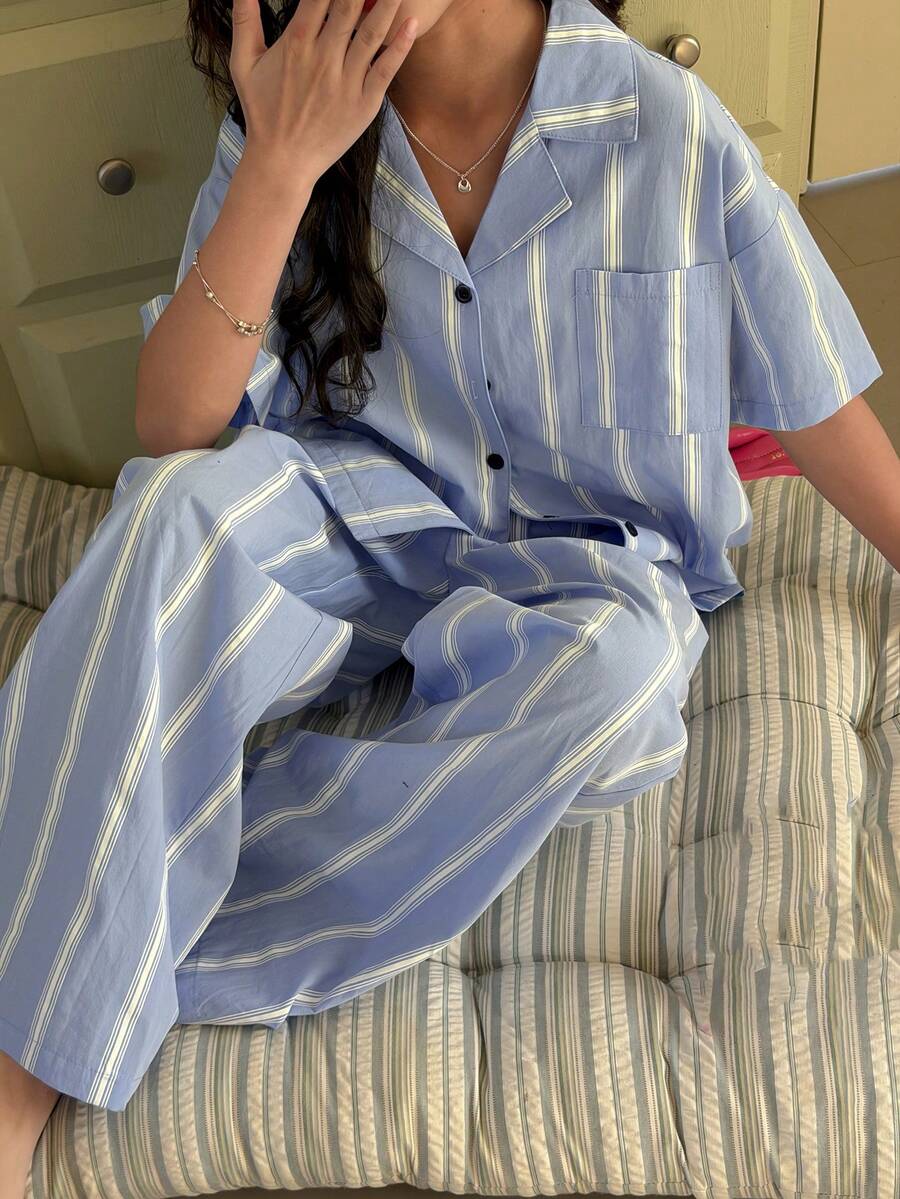 Dazy Kids Tween Girl Striped Lapel NeckShort Sleeve Single-Breasted Top And Pants Pajama Set - Blue - View 1