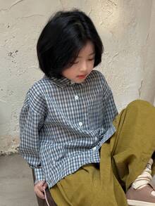 DAZY 女童休闲格子长袖衬衫，秋冬季 - 藍色 - 查看 6