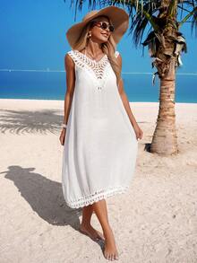 Swim Vcay Đầm maxi nữ mùa hè màu trơn dệt kim cổ chữ V khoét rỗng phối họa tiết móc len, kiểu dáng ngọt ngào, gợi cảm, hở lưng, thích hợp mặc ngoài bikini. - trắng - Xem 5