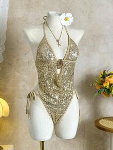 Bonvoyette Women's Champagne Sequin Textured Fabric Spaghetti Strap Tie Strap Backless Crop Top And Bikini Two Pieces Set, Casual Beach Holiday - Champagne - View 7
