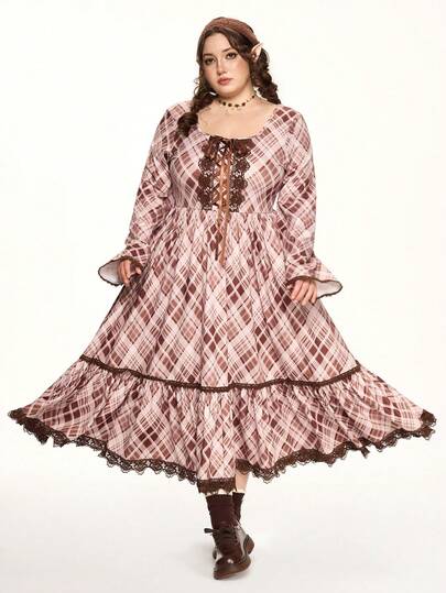 Fairycore Plus Size Women Cottagecore Vintage Brown Plaid Elegant Dress, Autumn/Winter Retro Long Brown Dress