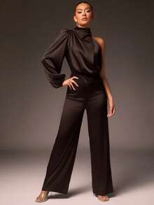 Hauture Women Elegant Solid One Sleeve Drape Jumpsuit - Brown - View 2