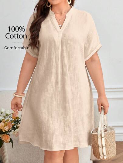 SHEIN Frenchy 大码女式纯色V领蝙蝠袖短袖休闲连衣裙