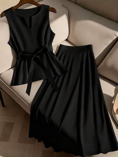 GlowEve CURVE Plus Size Women's Solid Color V-Neck Sleeveless Blouse And Midi Skirt Elegant 2-Piece Set