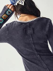 Bohemela 休闲度假纯色V领长袖修身水洗女式T恤 - 藏蓝色 - 查看 3