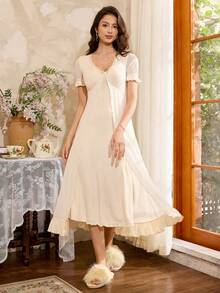 Côtesoire French Elegant Romantic Mesh Patchwork Lantern Sleeve A-Line Maxi Women Nightgown - Apricot - View 3