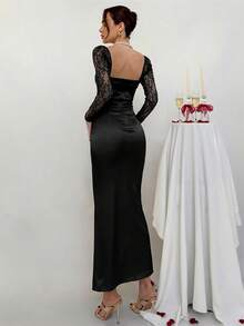 Aloruh 女士性感蕾丝罩杯袖薄纱蕾丝拼接修身长款派对连衣裙 - 黑色 - 查看 2