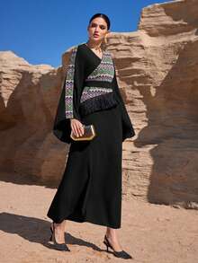 Al Najma 女士几何印花V领长袖拼接流苏优雅阿拉伯连衣裙 - 黑色 - 查看 6