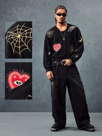 Anime Men's Heart Eye Spider Web Embroidery Cardigan