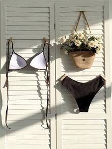 Swim Lushoire Set da bagno da donna composto da 2 pezzi, con slip a triangolo con laccetti incrociati sulla schiena e arricciature laterali, in colore unito - Caffè Marrone - Visualizzare 7