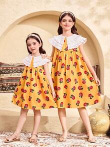 SHEIN Tween Girl Golden Yellow Rose Floral Print Patchwork Ruffle Collar Sleeveless A-Line Dress,Summer Elegant Party Girls Matching Outfits Sisters Style - Yellow - View 9