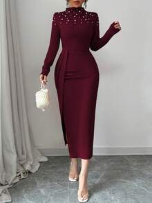 Elenzga Vestido plisado con abertura hecho a mano con cuentas para mujeres - Burdeos - Ver 3