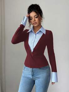 SHEIN Unity 女款優雅拼接條紋收腰長袖上衣 - 酒紅色 - 查看 7