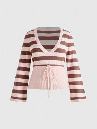 Plus Size Kawaii Cute Pink & Brown Striped Colorblock V-Neck Sweater, Autumn/Winter Plus Size Women Pullover Top, Pink, Brown, Plus Size Women Tops