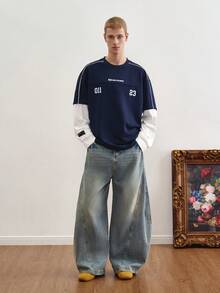 TOKVUE 男士撞色拼接数字印花长袖T恤 - 彩色 - 查看 5