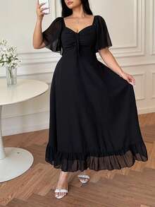 Vibekara Đầm chữ A tay bồng cổ chữ V dáng suông cỡ lớn, thanh lịch và thoải mái cho những buổi đi chơi. - màu đen - Xem 5