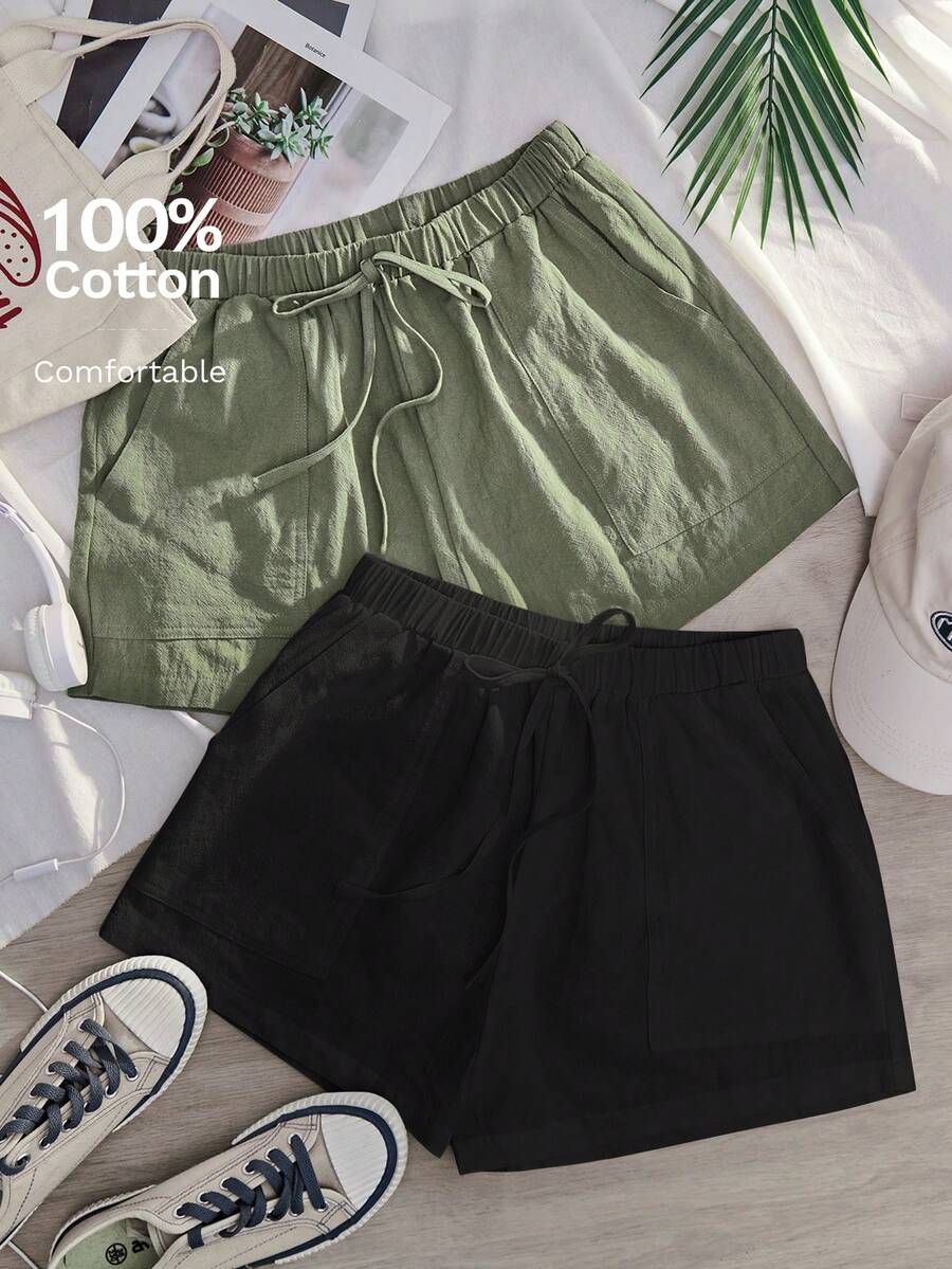 SHEIN EZwear 2 条装纯色松紧腰系带斜口袋短裤