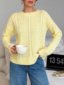SHEIN Soft Yellow Cable Knit Sweater With Crew Neck And Textured Pattern For Cozy Fall Look - Yellow - View 6