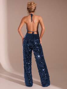 SHEIN Glamour 两件套深蓝色亮片露背性感露肩无袖上衣+裤子套装，街头风，秋冬套装，演唱会套装，夜店套装，约会套装，优雅套装，舞会套装，锐舞套装，女士生日套装，派对必备，花卉时尚，闪亮套装，情人节套装 - 藏蓝色 - 查看 2