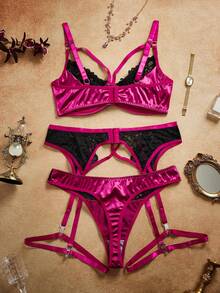 大码复古优雅性感蕾丝拼接缎面衬衫+内裤+吊袜带+腿环五件套 - 彩色 - 查看 8