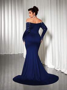 Cravure Vestido largo de manga larga con hombros descubiertos, con perlas y cuentas, para mujer de talla grande - azul real - Ver 2