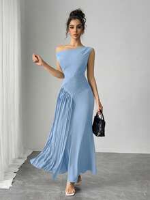 Modelyn Women's Solid Color Asymmetric Shoulder Pleated Fishtail Hem Elegant Dress ,Summer Dress,Spring Dresses For Women - Baby Blue - View 5