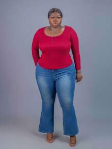 CurvyTilda Plus Size Casual Scoop Neck Long Sleeve Ruched Waist Top, Fall Top For Women, For Hourglass Body Shape