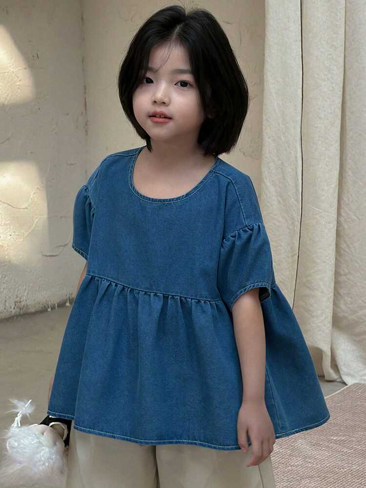 Young Girls Round Neck Casual Ruffle Hem Washed Loose Short Sleeve Denim Tops Summer