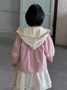 DAZY Young Girl Contrast Lace Long Sleeve Single-Breasted Casual Hooded Jacket - Pink - View 2