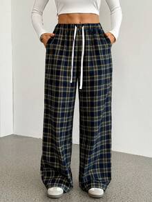 SHEIN Tall Pantalones anchos de mujer con patrón de cuadros y contraste de color, cómodos y adecuados para uso casual en otoño/invierno y primavera/verano - Multicolor - Ver 3