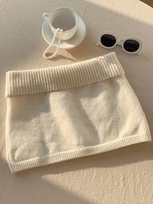 Comfortcana Váy len dệt kim gân trơn màu đa năng thường ngày cho nữ, phong cách Hàn Quốc vào mùa thu/đông - trắng - Xem 2