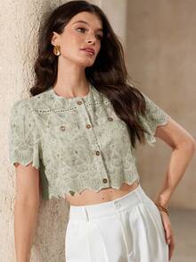 BELROSIE Blusa ricamata con fiori di ciliegio, design con scollo rotondo e ricamo 3D, orlo ondulato per un aspetto lusinghiero, tessuto fluido, romantica per primavera, adatta per picnic e appuntamenti, camicia da donna - Verde - Visualizzare 5