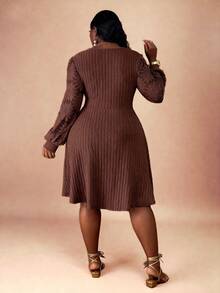 CurvyTilda Plus Size Women Sweetheart Neck Long Sleeve Ruched Ribbed Casual Dress, For Hourglass Body Shape - Brown - View 2
