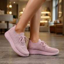 Mujer Zapatillas Deportivas De Tejido De Punto Transpirable Con Cordones Suela Gruesa Rosa - Rosa - Ver 13