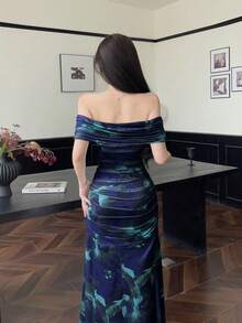 Modelyn Đầm cưới/đầm dự tiệc thanh lịch dành cho nữ, chất liệu lưới hoa, kiểu trễ vai, xếp ly eo. - Nhiều màu - Xem 3