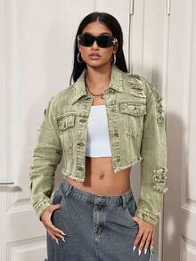 Jeanoix Fashionable Distressed Washed Cropped Denim Jacket - Army Green - View 4