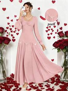 Opuloom Women's Woven Fabric Bustier Style Pleated Front Panel, Gathered Sleeve Head, Lantern Sleeve, Waist Cinched, Bodycon, Floral Petal Beaded Sequin Pearl Pleated Maxi Dress, Vintage Elegant Luxurious Party Holiday Outing Date, Faux Brown, Autumn/Winter/Spring