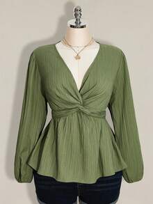 SHEIN ICON Plus Size Women Twist Knot Textured Black Lantern Sleeve Top - Mint Green - View 5