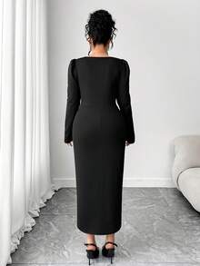 Elenzga Plus Size Women's Elegant Solid Color Square Neck Puff Sleeve Ruched Waist Split Hem Bodycon Dress, Suitable For Business, Date, Party, Afternoon Tea, Holiday, Christmas, Valentine's Day, Autumn/Winter - Black - View 2