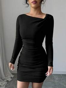 Selianne Women's Solid Color Oblique Shoulder Long Sleeve Fitted Ribbed Dress - Black - View 6