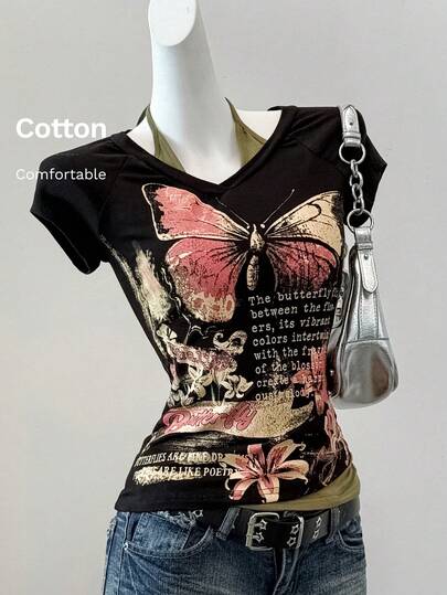 SHEIN EZwear 女式休闲复古蝴蝶标语印花背心